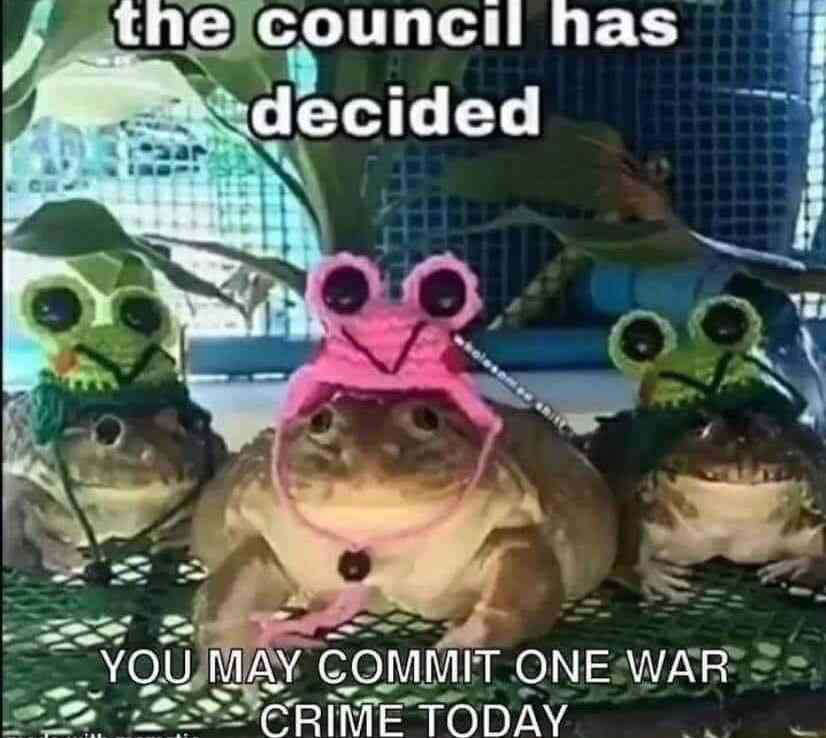 The council has decided
you may commit one war crime today